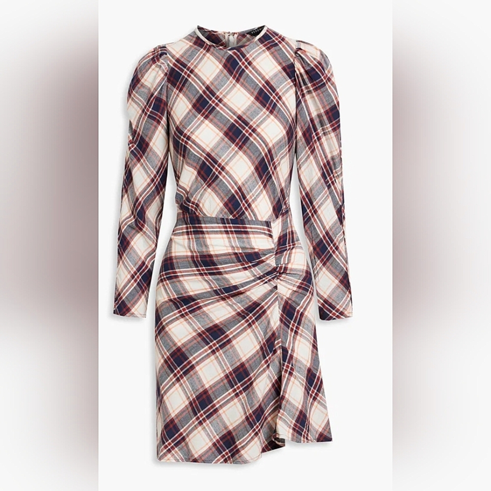 VERONICA BEARD Agnor Ruched Checked Cotton-Flannel Dress Size 6 New With Tags